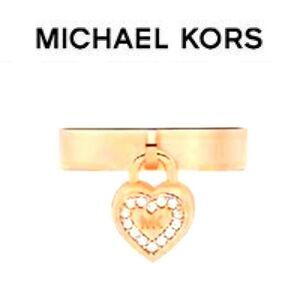 Michael Kors Rose Gold-Tone Heart Lock MK Pave Logo Dangle Charm Ring